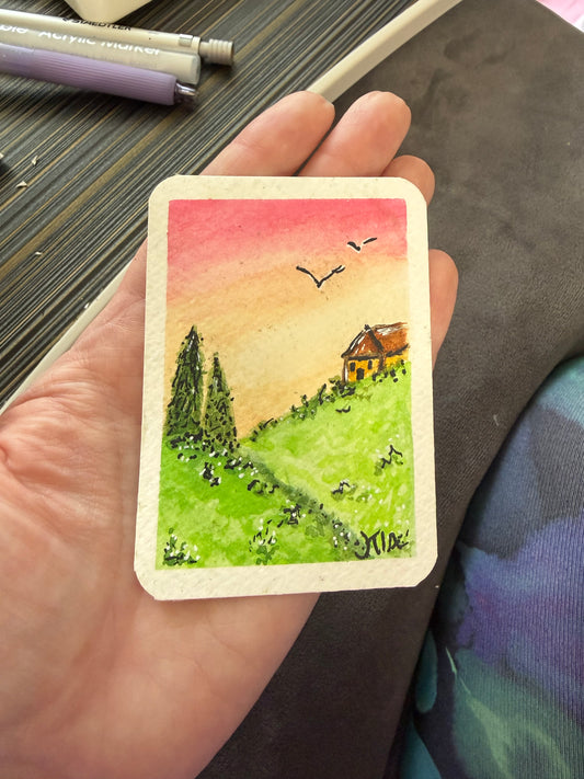 Cottage Sunset, Watercolor original/ ACEO