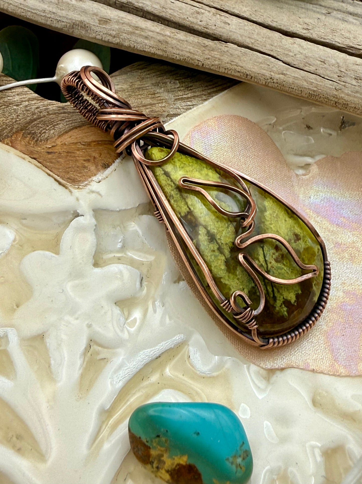 Green Opal, Wire Wrapped in Copper Necklace/Pendant
