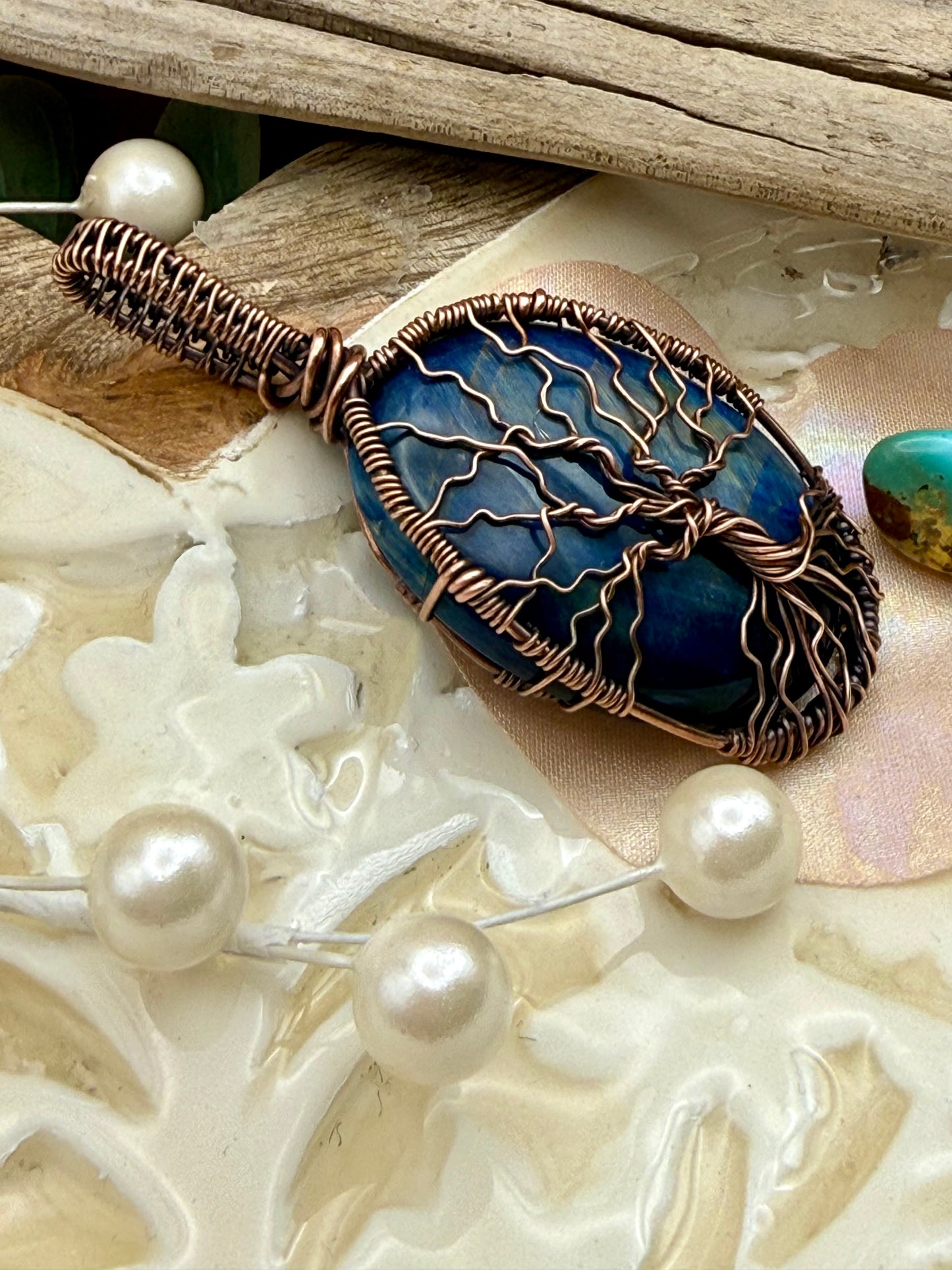 Blue Tigers Eye Tree-of-Life, Wire Wrapped in Copper, Necklace/pendant