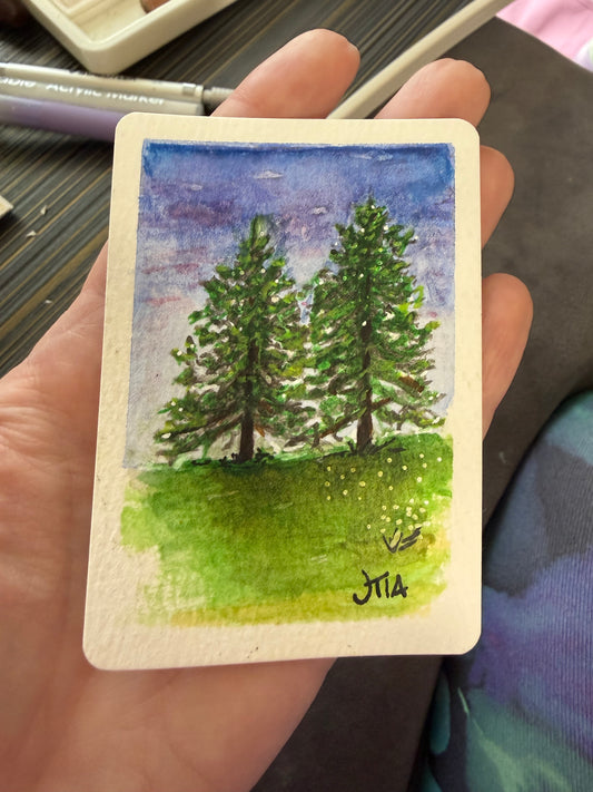 Trees at Dusk, watercolor original/ ACEO