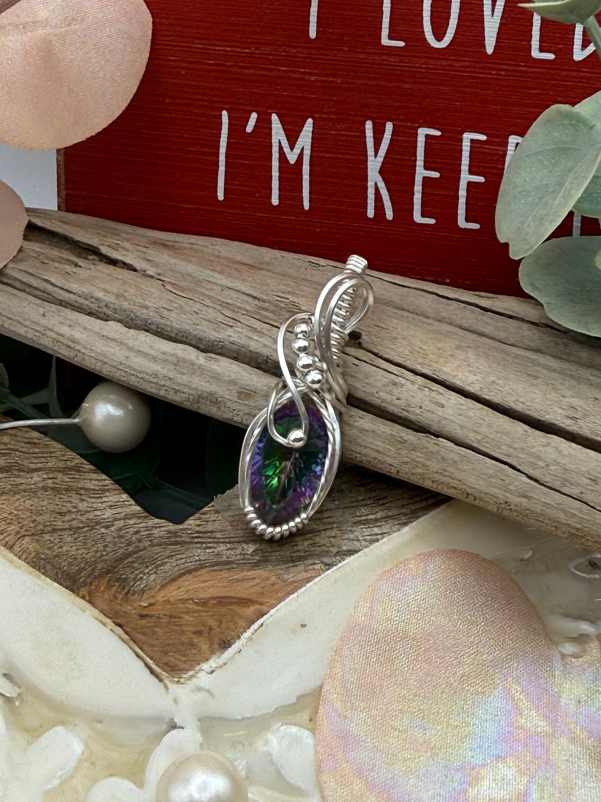 Mystic Topaz Sterling Silver Wire Wrapped Pendant/Necklace.