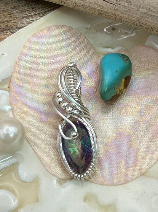Mystic Topaz Sterling Silver Wire Wrapped Pendant/Necklace.