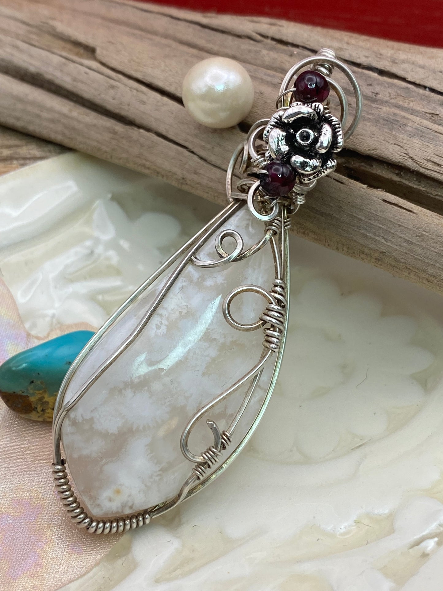 White Plume Agate W/ Red Garnet in Sterling Silver