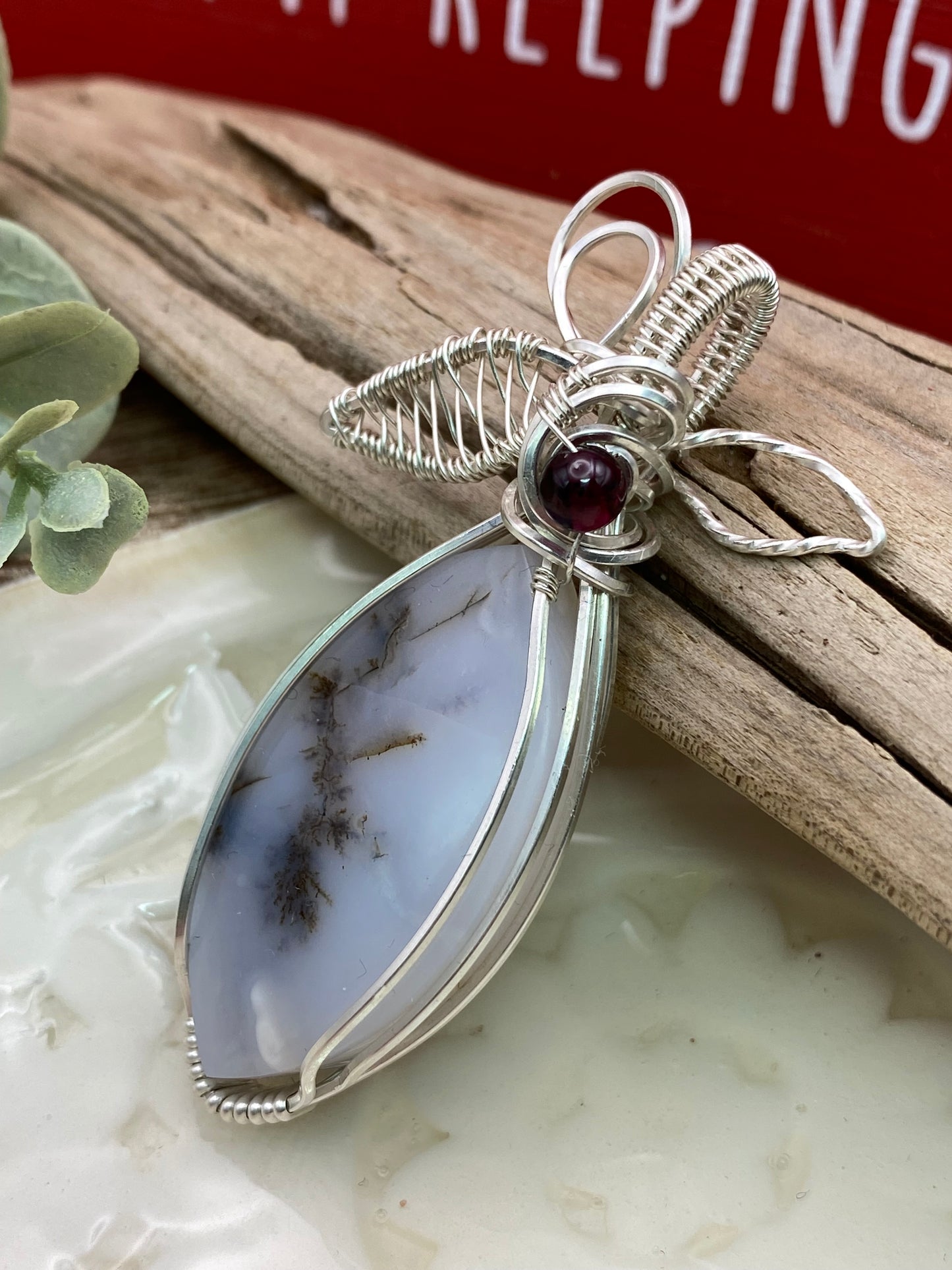 Dendritic Opal/ garnet and leaves in Sterling Silver