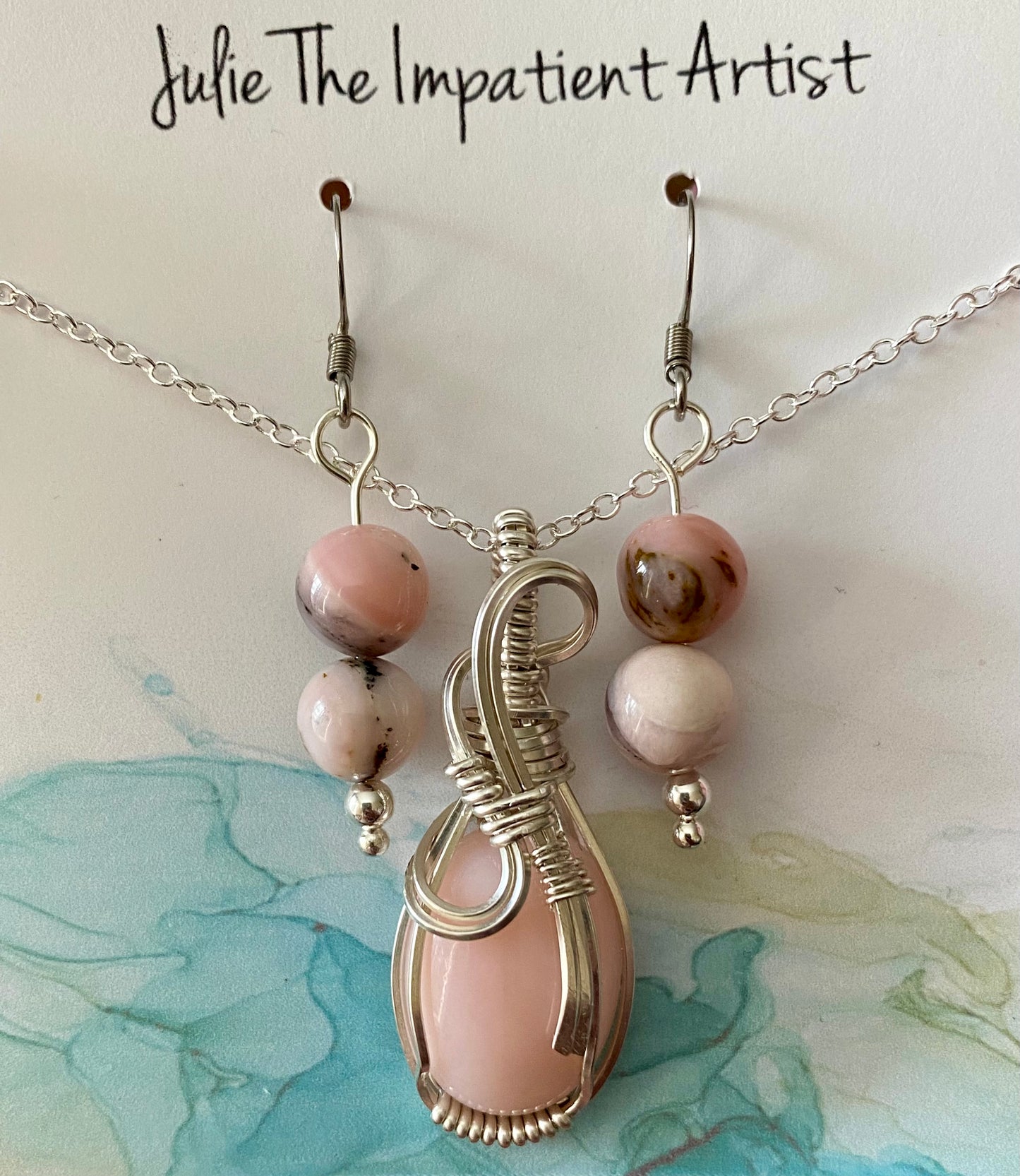 Pink Opal Pendant/ Earrings in Sterling Silver