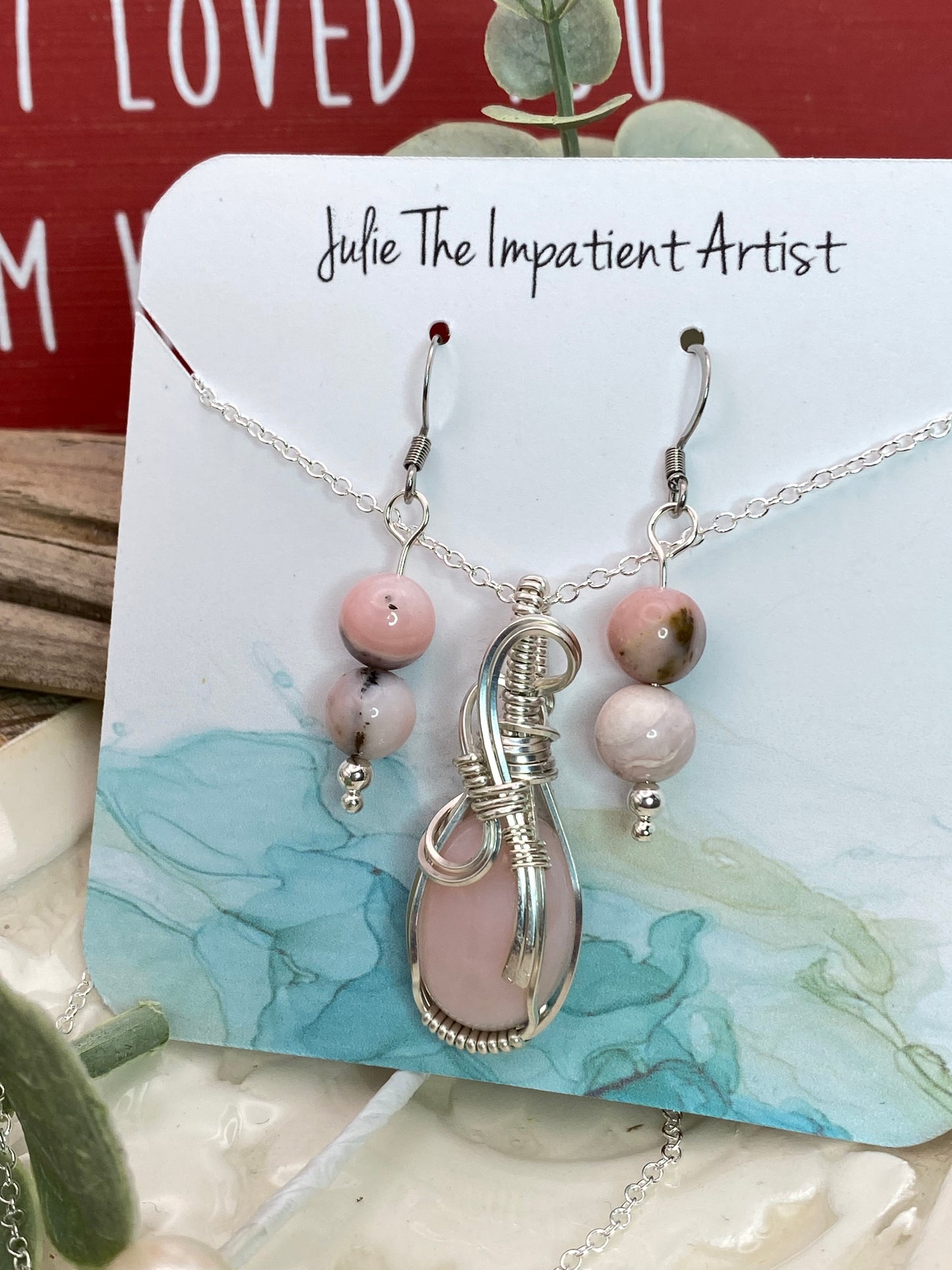 Pink Opal Pendant/ Earrings in Sterling Silver