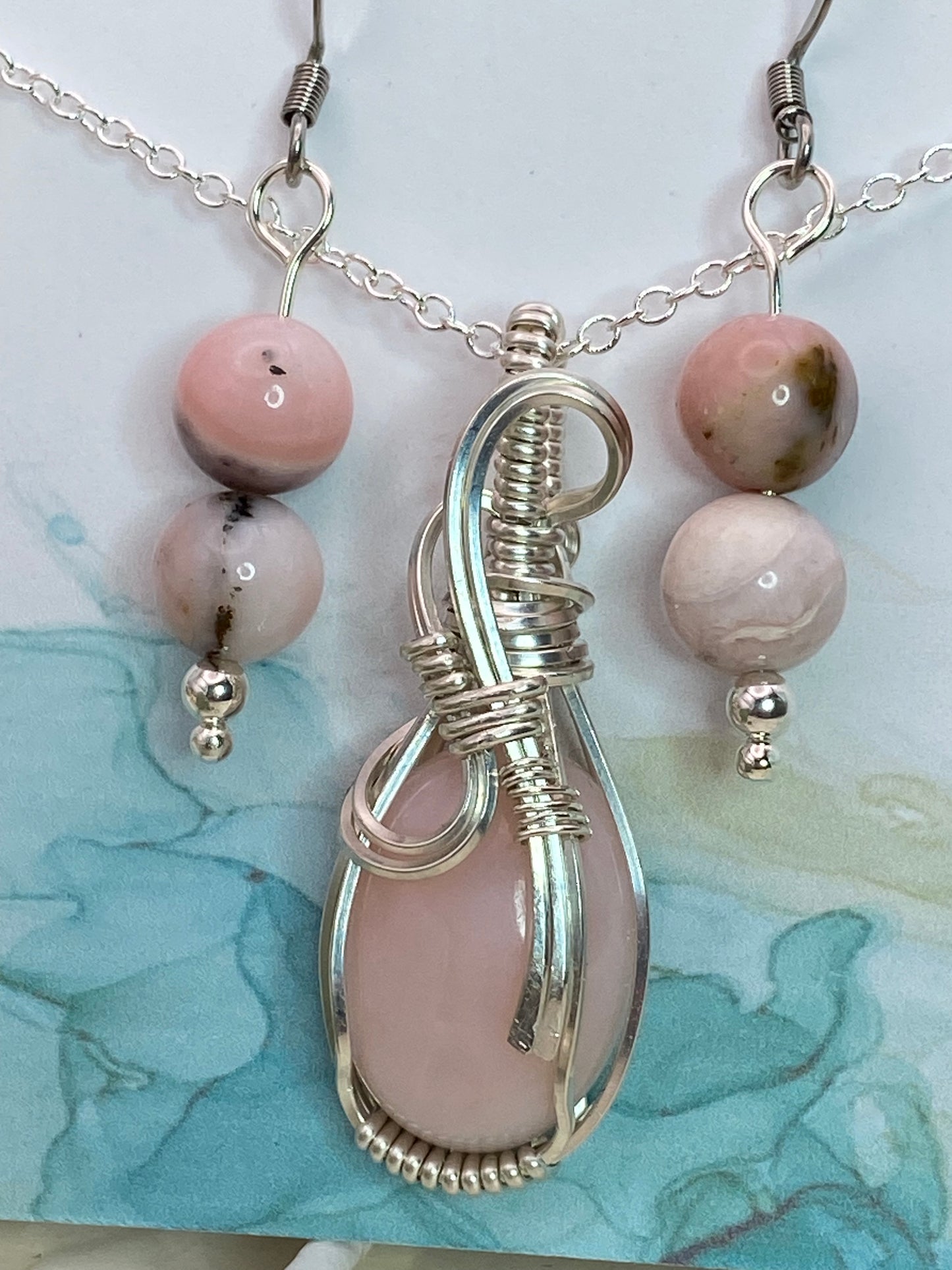 Pink Opal Pendant/ Earrings in Sterling Silver