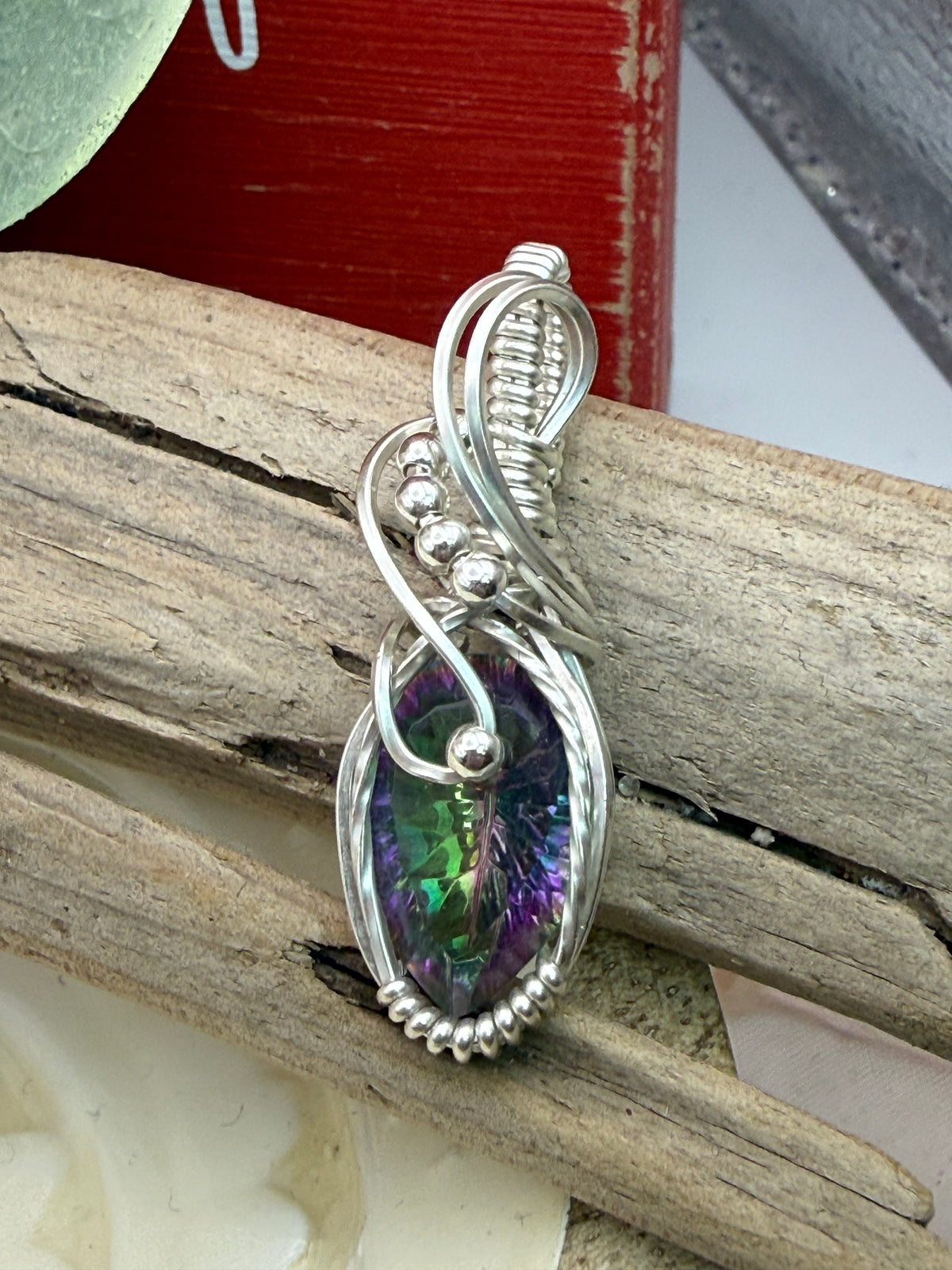 Mystic Topaz Sterling Silver Wire Wrapped Pendant/Necklace.