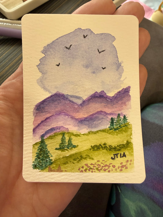 Purple Mountains 2, watercolor original/ ACEO