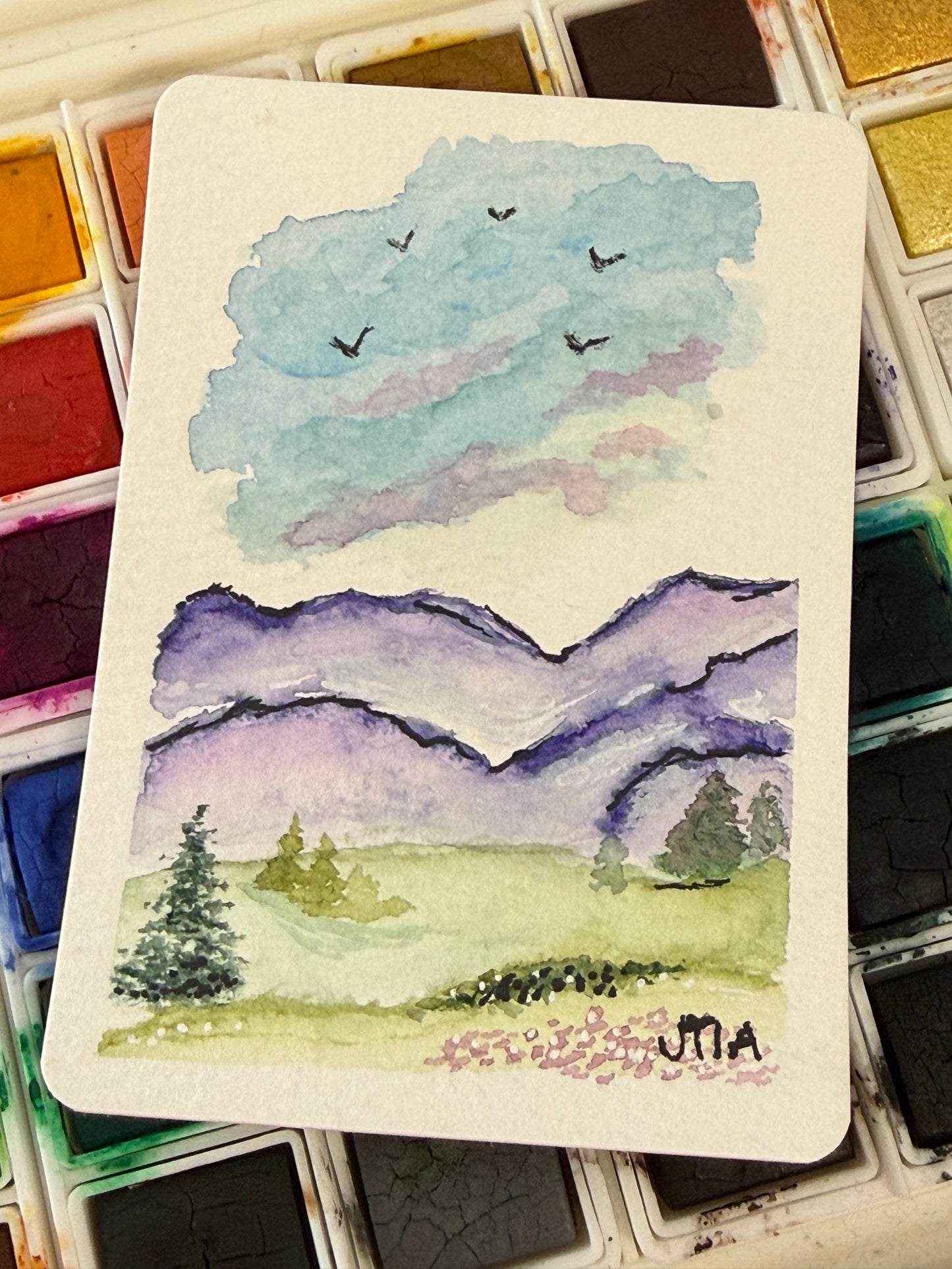 Purple Mountains 1, watercolor original / ACEO