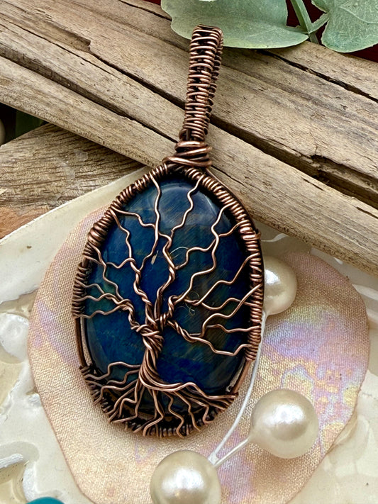 Blue Tigers Eye Tree-of-Life, Wire Wrapped in Copper, Necklace/pendant