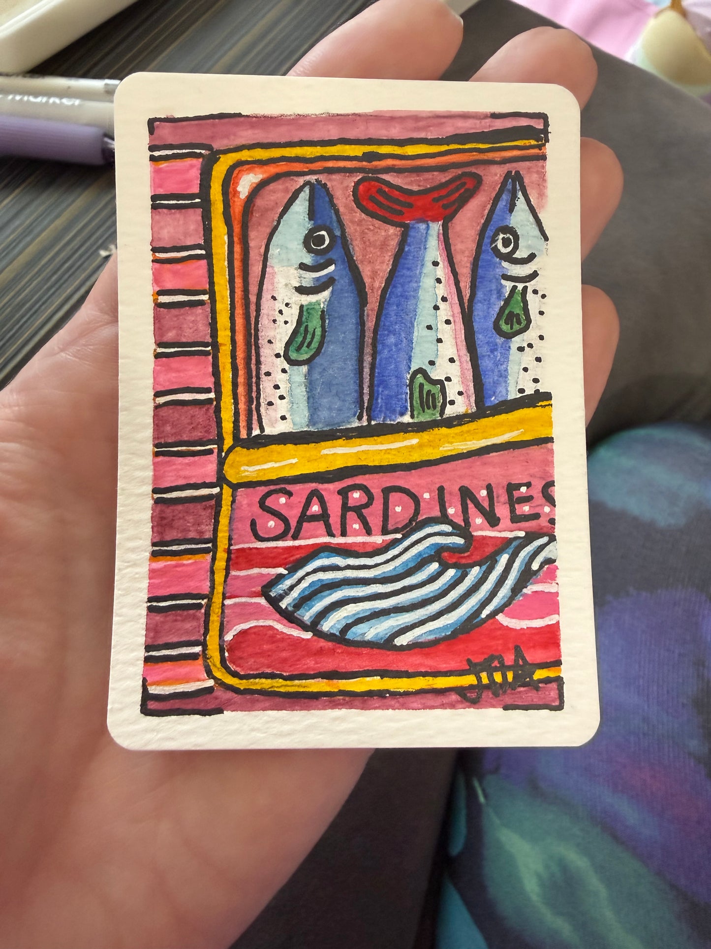 Sardines Pink, Watercolor original/ ACEO