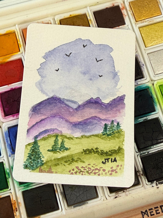 Purple Mountains 2, watercolor original/ ACEO