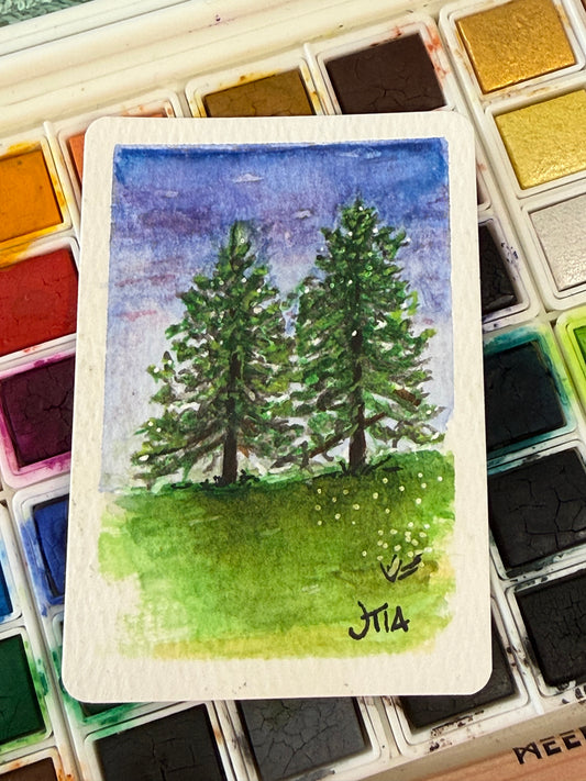 Trees at Dusk, watercolor original/ ACEO