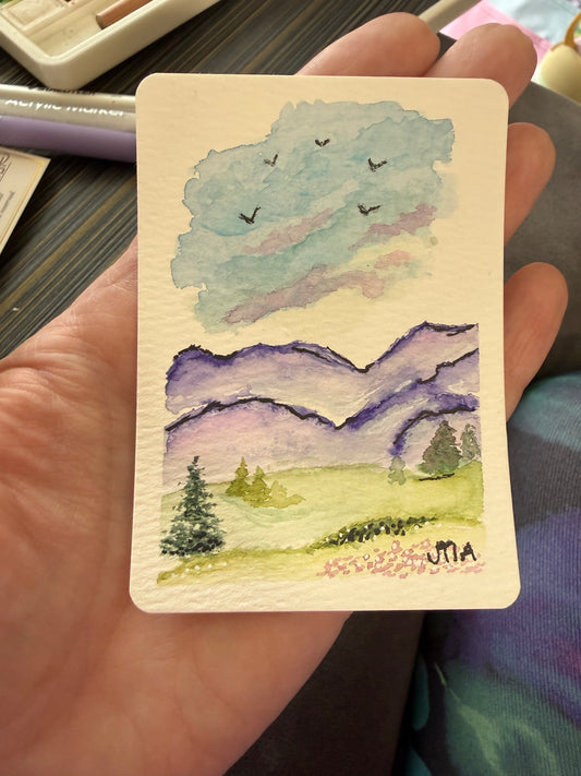 Purple Mountains 1, watercolor original / ACEO