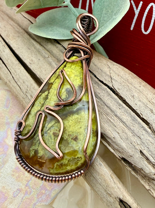 Green Opal, Wire Wrapped in Copper Necklace/Pendant