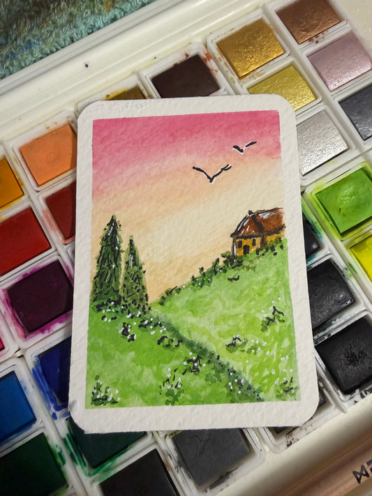 Cottage Sunset, Watercolor original/ ACEO
