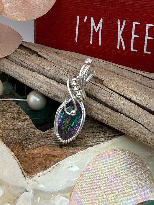 Mystic Topaz Sterling Silver Wire Wrapped Pendant/Necklace.