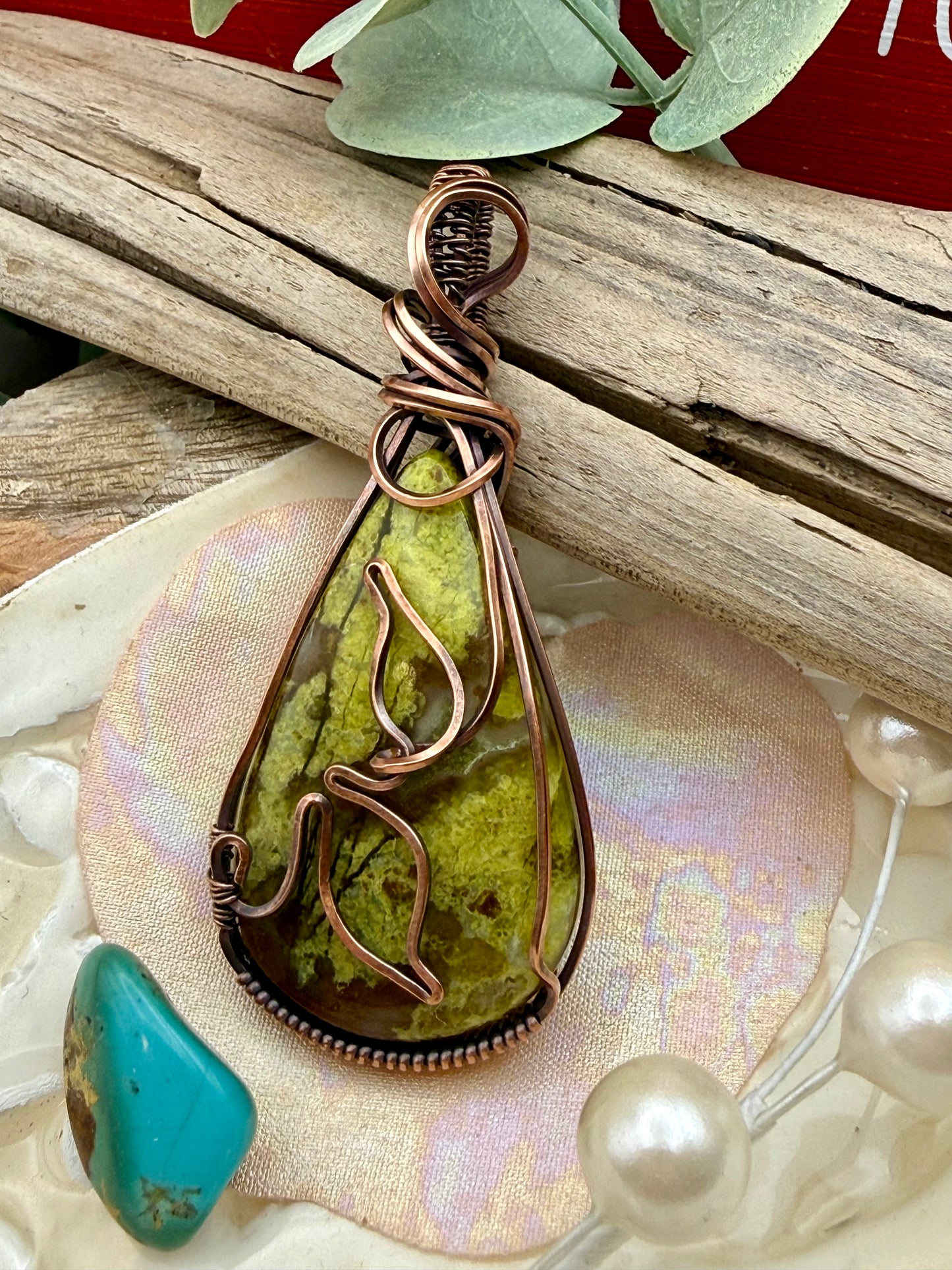 Green Opal, Wire Wrapped in Copper Necklace/Pendant