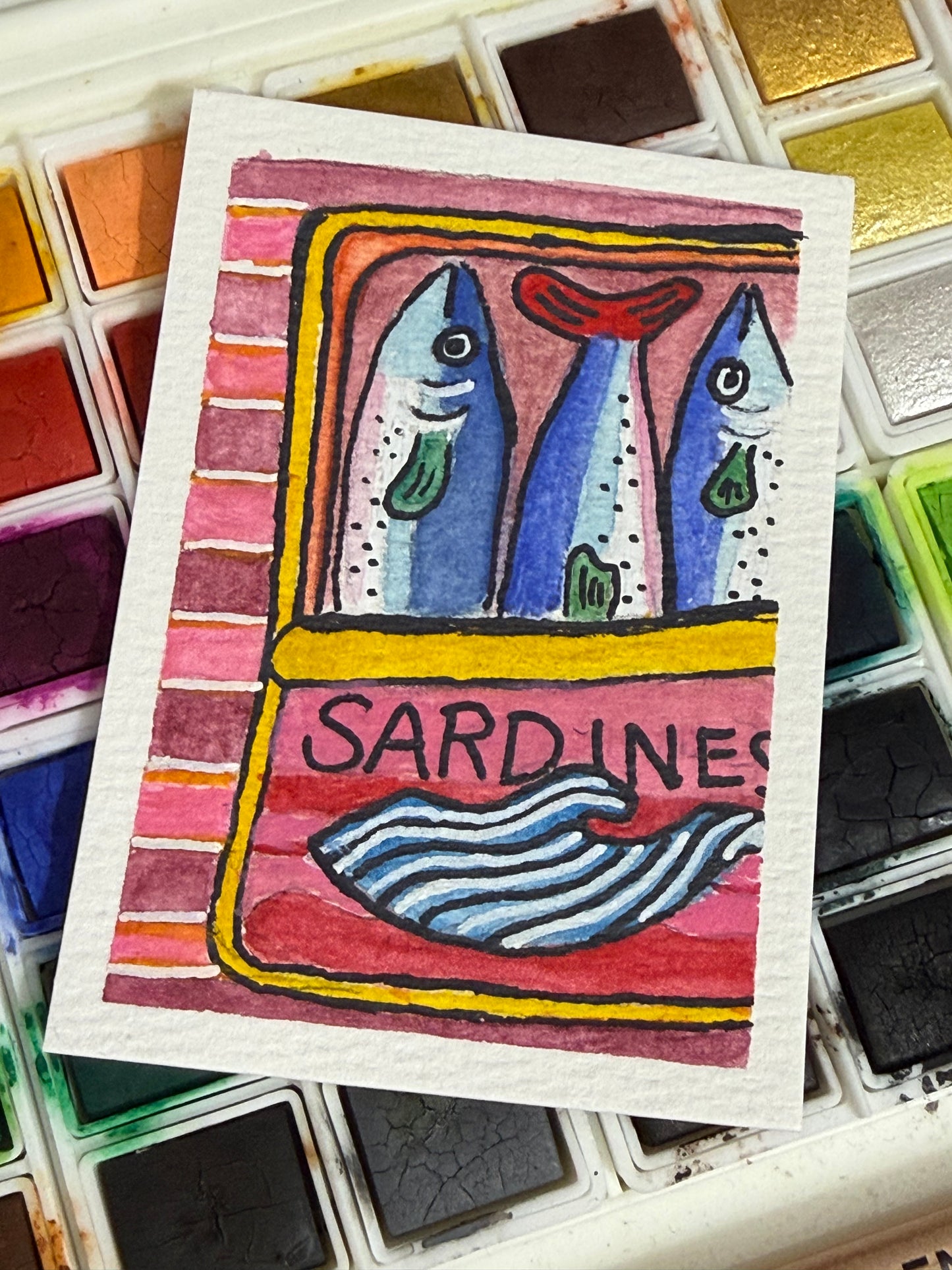 Sardines Pink, Watercolor original/ ACEO