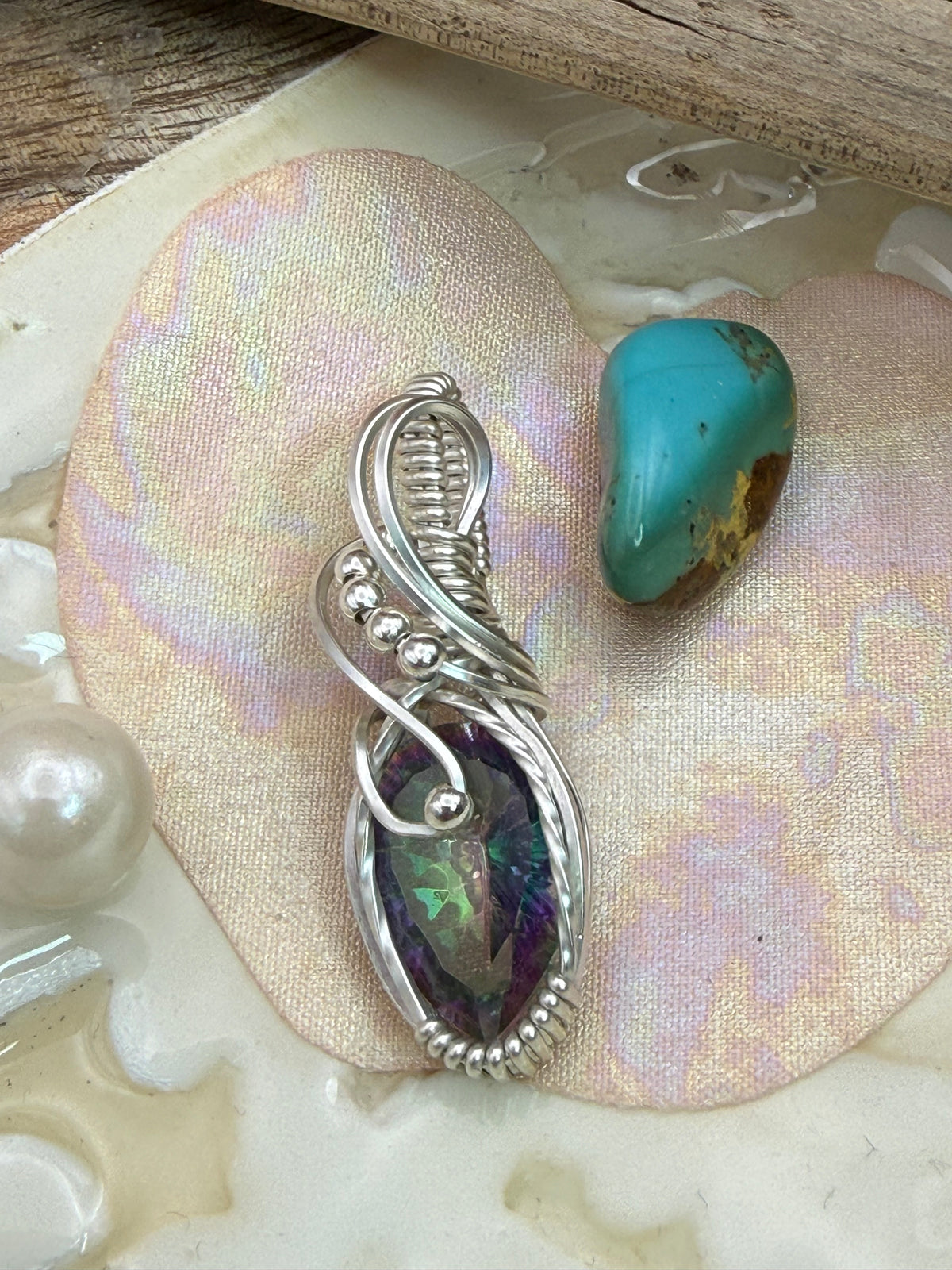 Mystic Topaz Sterling Silver Wire Wrapped Pendant/Necklace.
