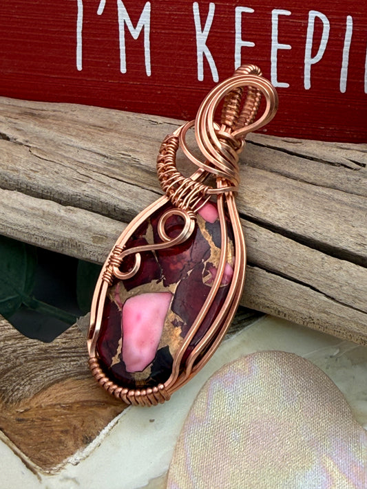 Red Dahlia Copper Wrapped Necklace