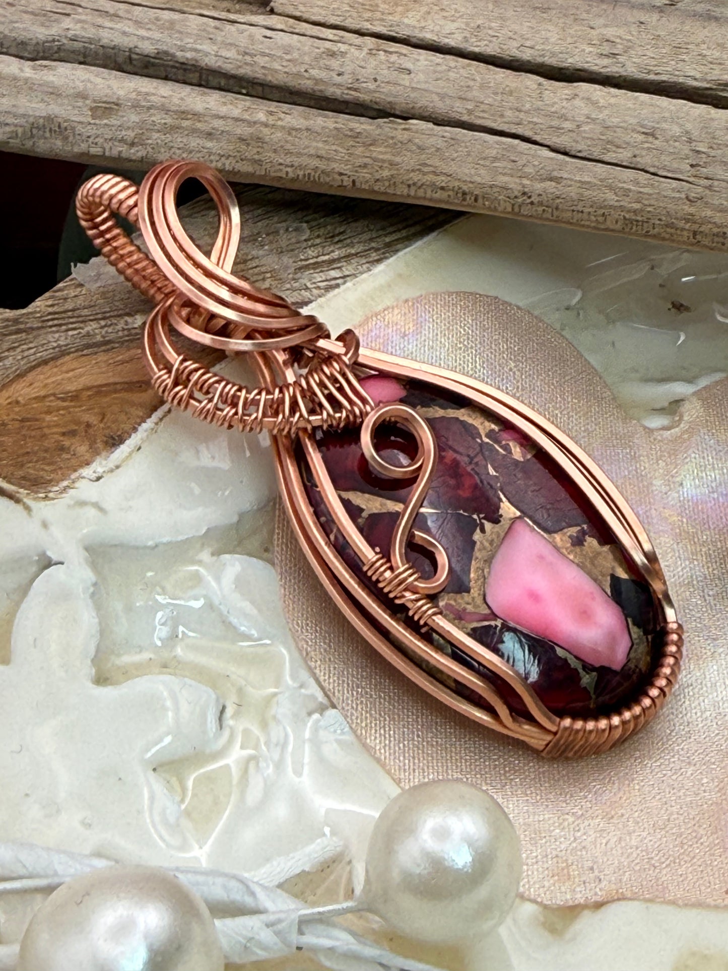 Red Dahlia Copper Wrapped Necklace