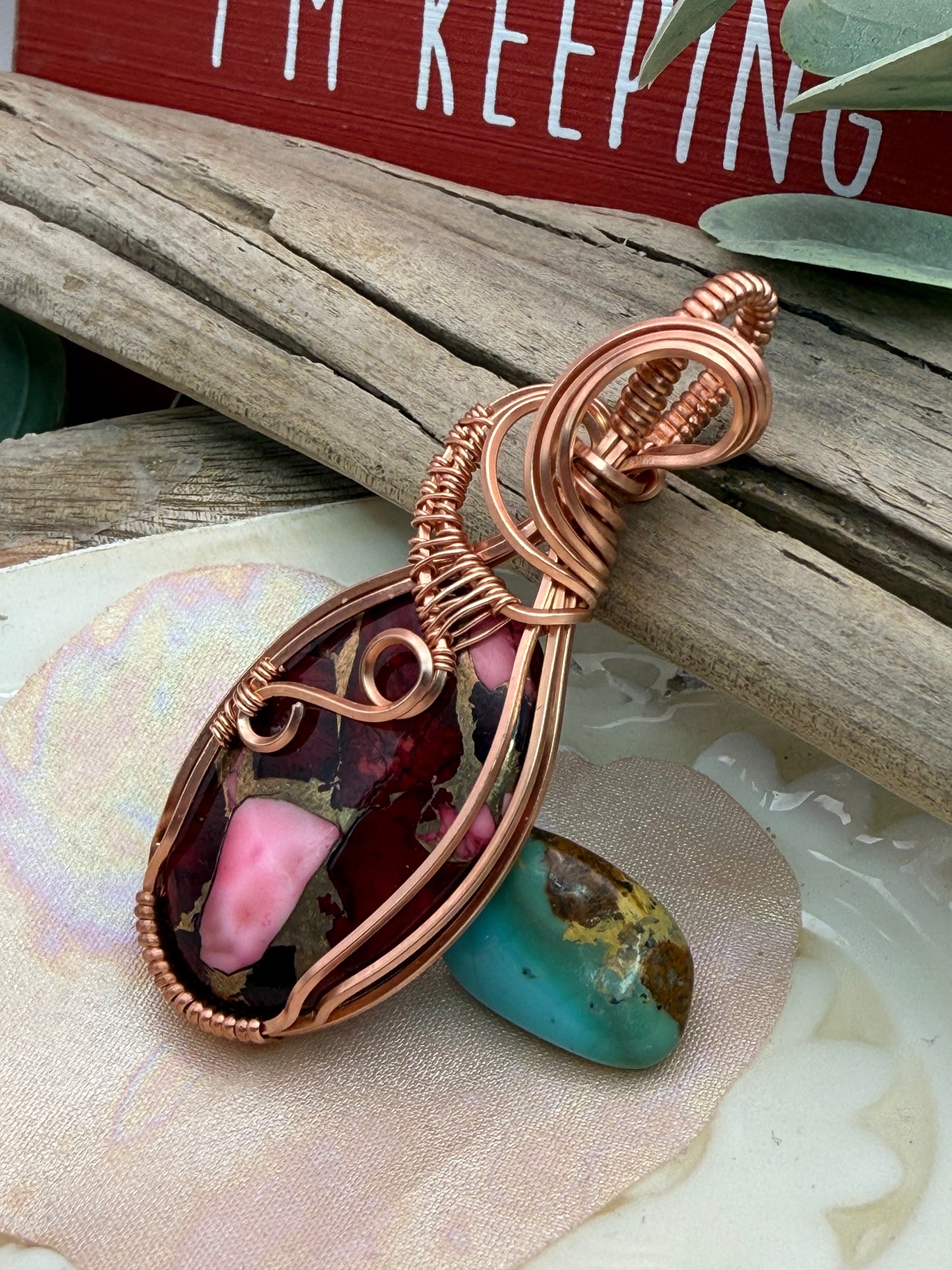 Red Dahlia Copper Wrapped Necklace