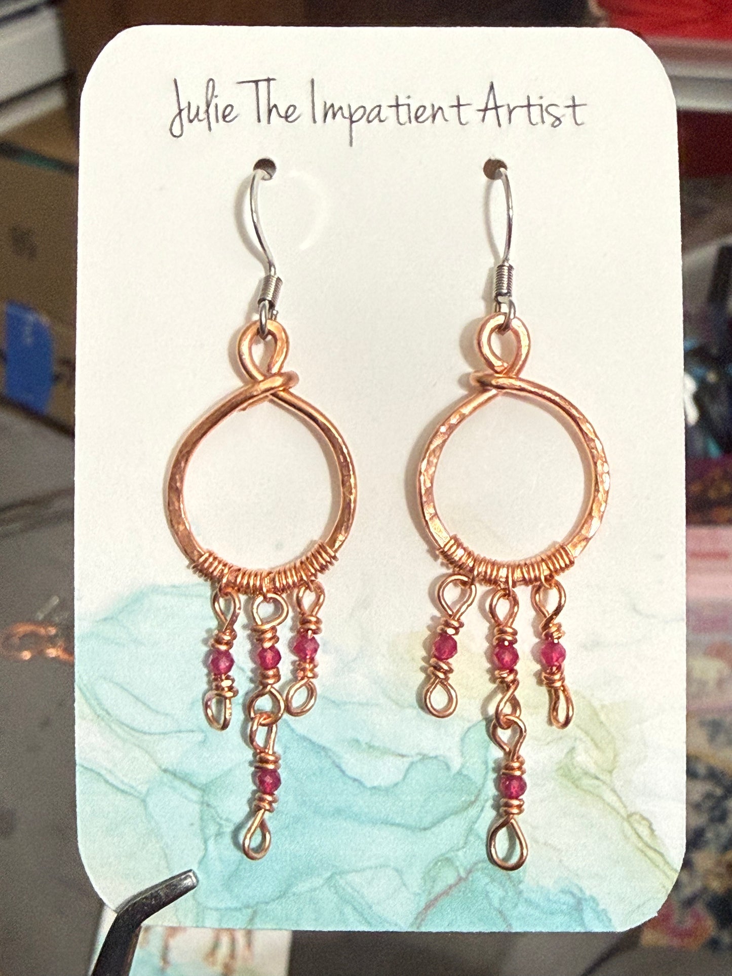 Ruby and Copper Circle Dangle Earrings