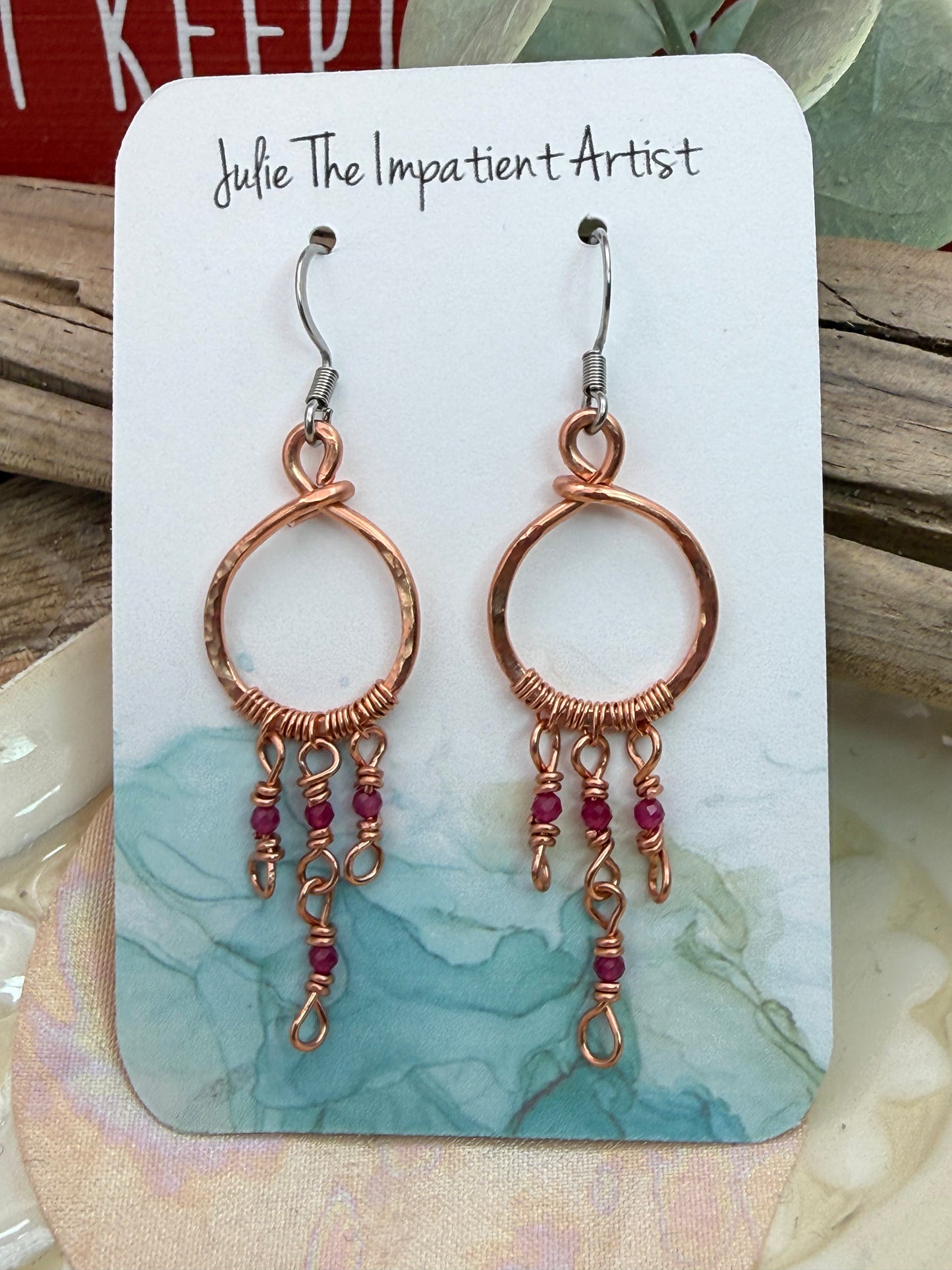 Ruby and Copper Circle Dangle Earrings