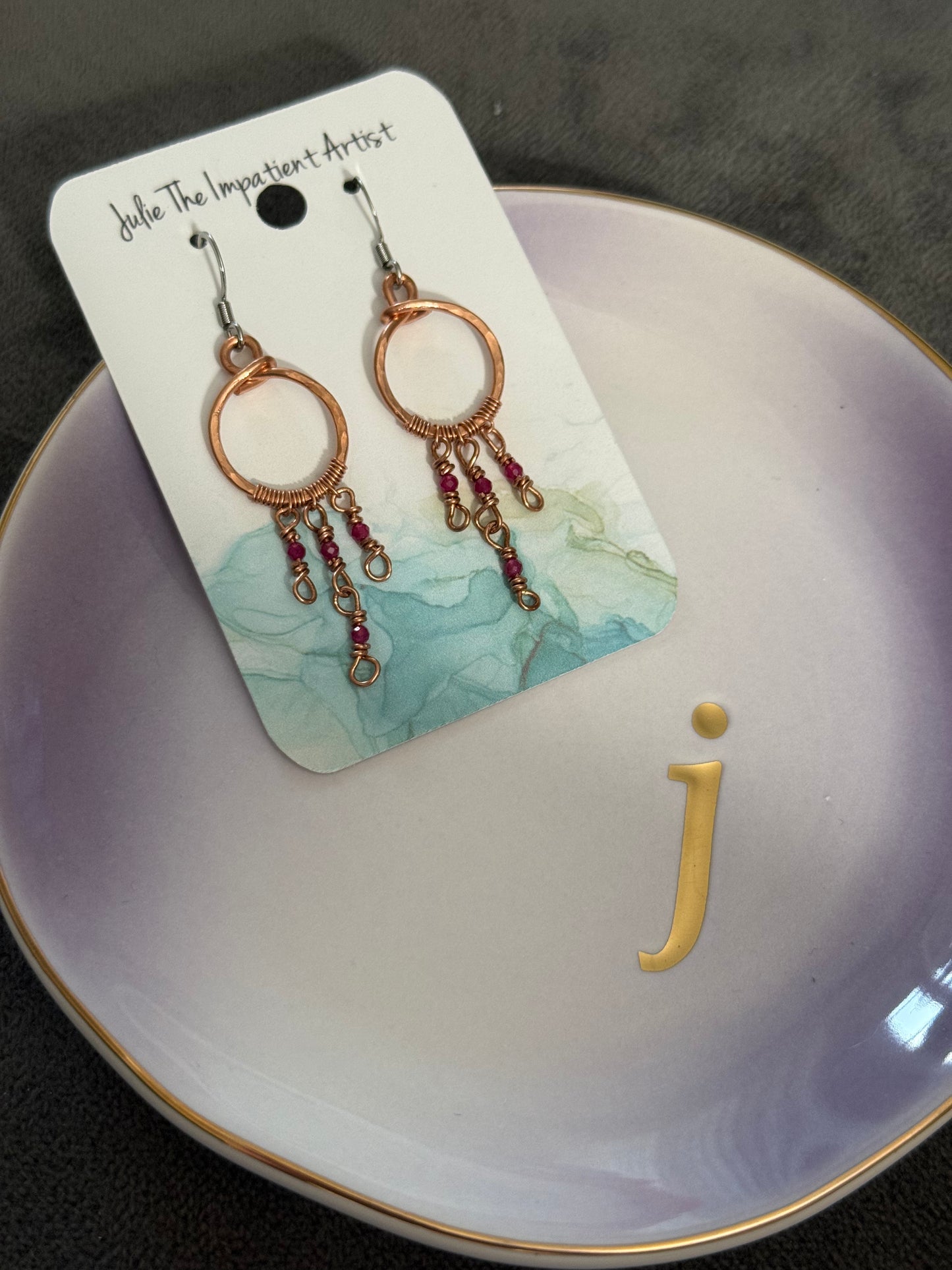 Ruby and Copper Circle Dangle Earrings