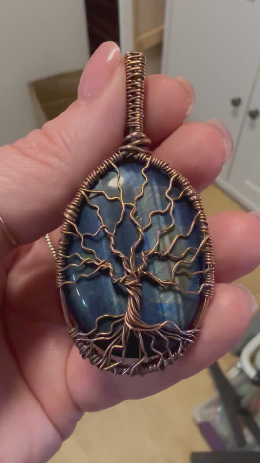 Blue Tigers Eye Tree-of-Life, Wire Wrapped in Copper, Necklace/pendant
